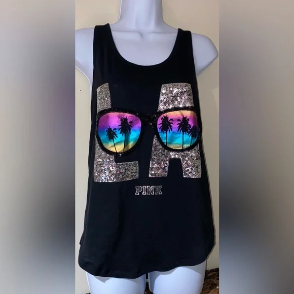 Victoria’s Secret pink destination bling top LA sequin bling tank sunglasses tee - Picture 6 of 9